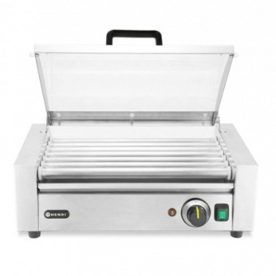 pogled na poseben aparat za pečenje hot doga in hrenovk na 7 vrtečih se valjih