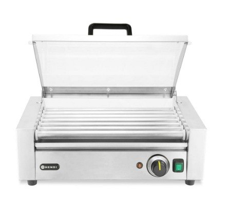 pogled na poseben aparat za pečenje hot doga in hrenovk na 7 vrtečih se valjih